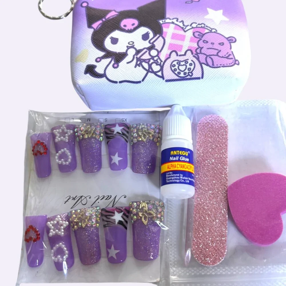 Y2K HANDMADE DUCK SHAPE PURPLE LEOPARD CHARM‎ FAKE NAIL SET LARGE NEW